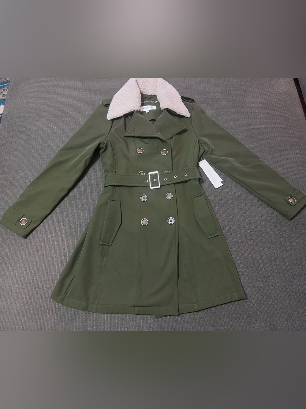 Nicole Miller Women's Olive Green Double-Breasted Trench Coat with Sherpa Collar
